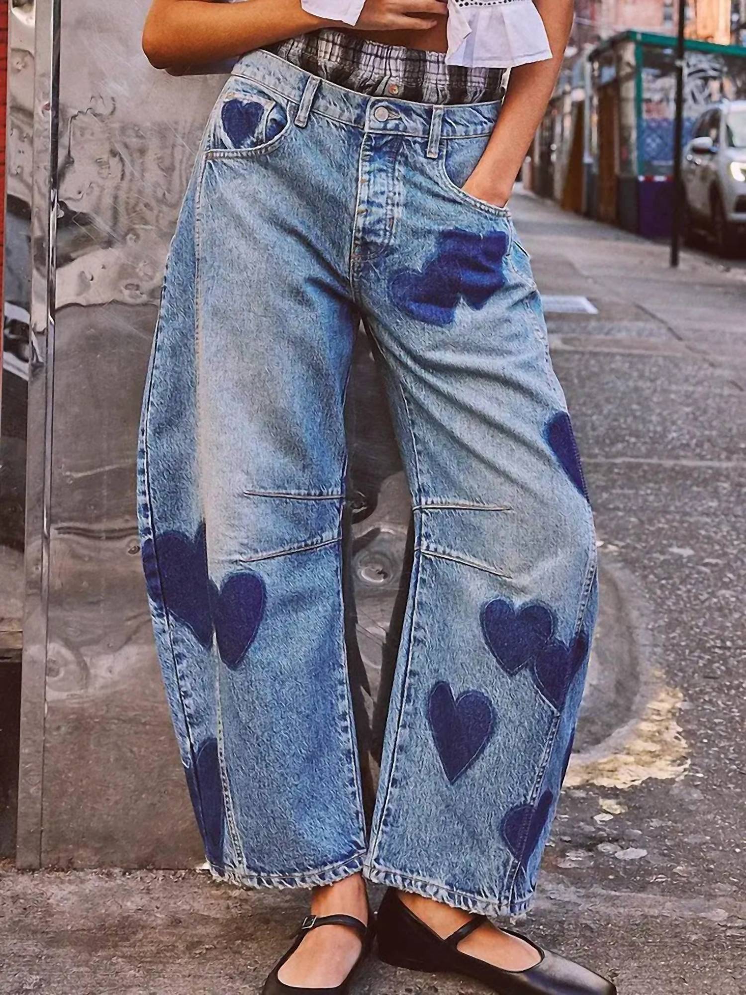 Heart Print Barrel Jeans