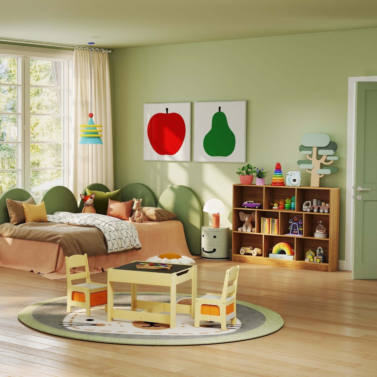 3-IN-1 Kids Furniture: Kids Table Chairs Set + Bookshelf + White Play Kitchen Sets