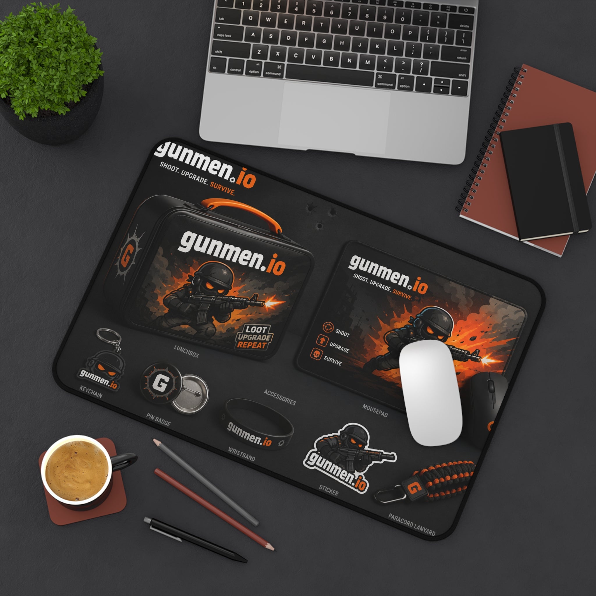 Gunmen.io Gaming Desk Mat — Black Tactical Mousepad with Logo & Fire Soldier Design
