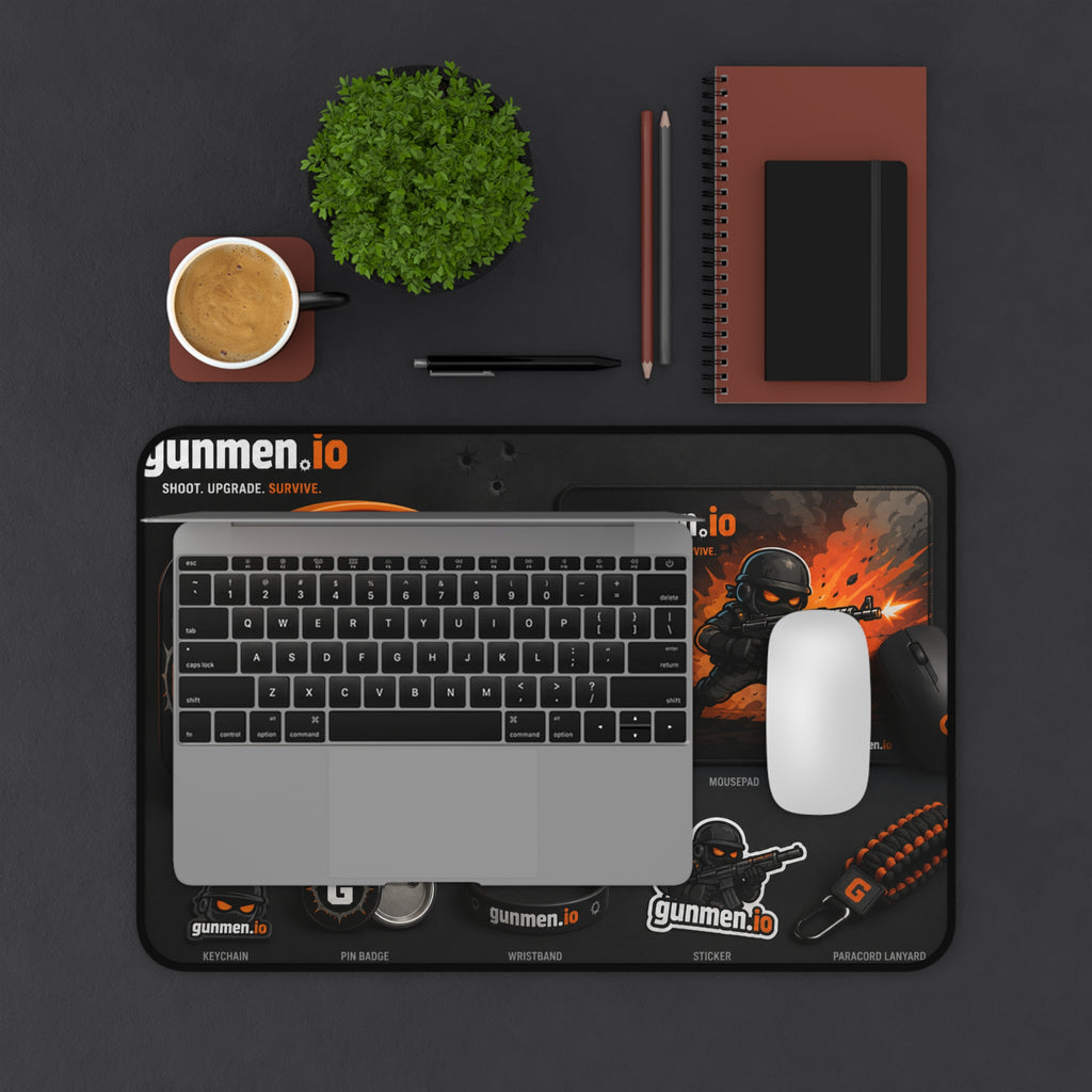 Gunmen.io Gaming Desk Mat — Black Tactical Mousepad with Logo & Fire Soldier Design