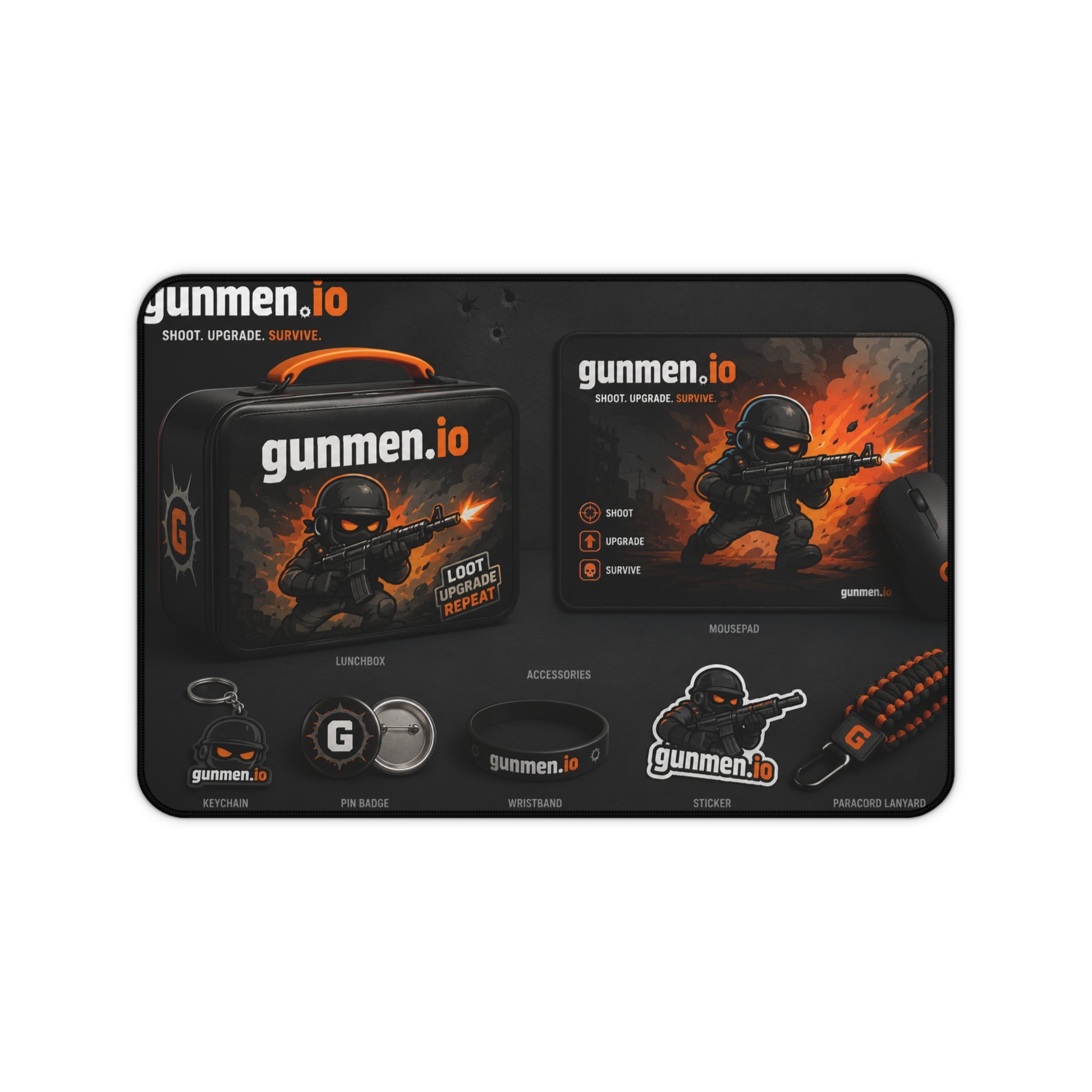 Gunmen.io Gaming Desk Mat — Black Tactical Mousepad with Logo & Fire Soldier Design