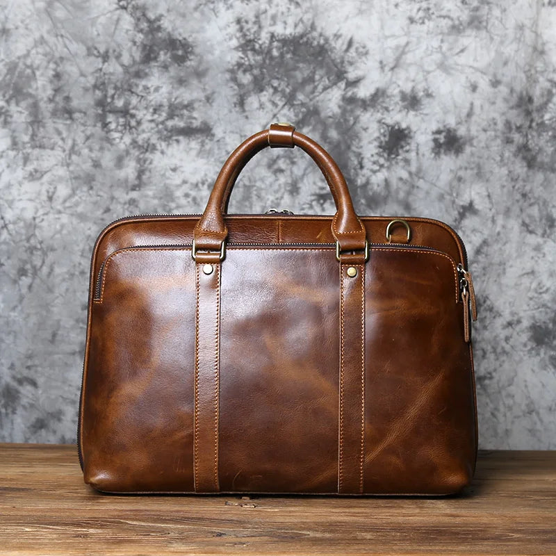 NZPJ Vintage Handmade Leather Men's Handbag Top Layer Cowhide Large-capacity Business Computer Bag Men's Shoulder Diagonal Bag