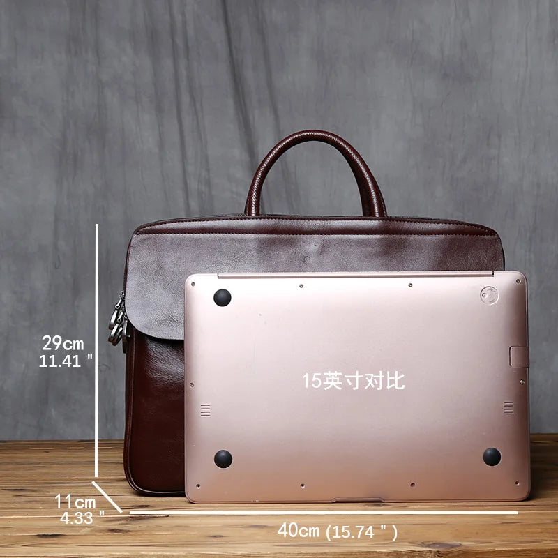 NZPJ Genuine Leather Men's Briefcase Vintage Natural Cowhide Handbag Large Capacity Crossbody Bag Casual Fashion Computer Bag