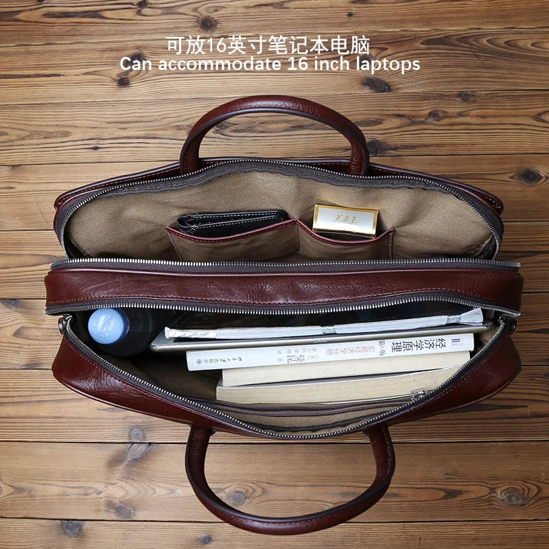 NZPJ Genuine Leather Men's Briefcase Vintage Natural Cowhide Handbag Large Capacity Crossbody Bag Casual Fashion Computer Bag
