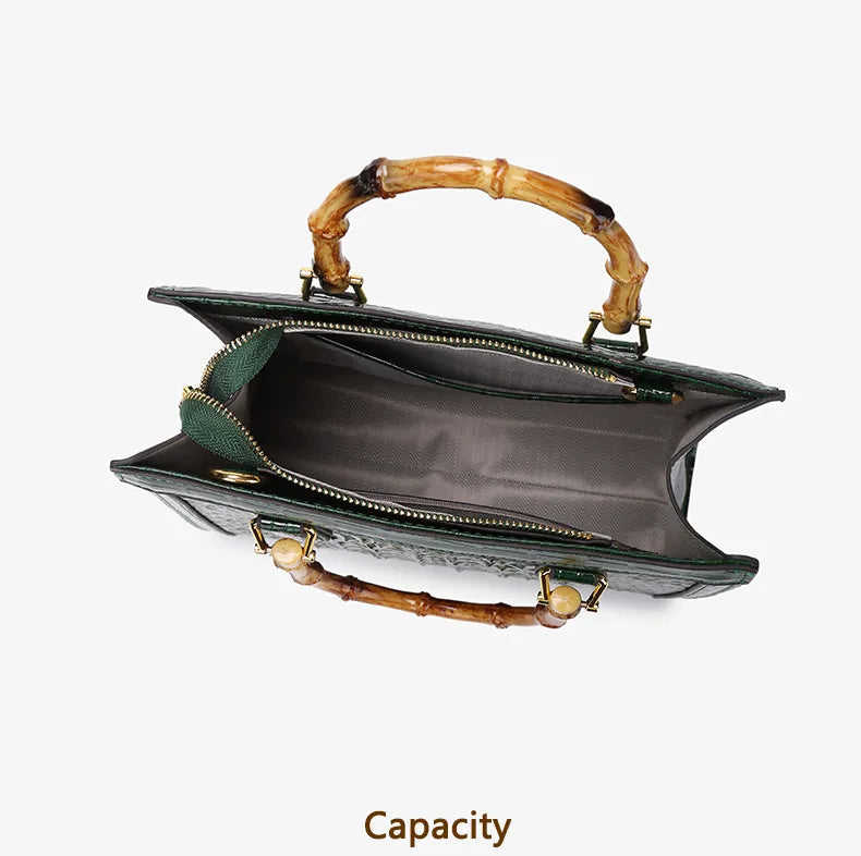 Crocodile Pattern Leather Women's Handbags Bamboo Handle  Portable Tote Bag Mom Shoulder Messenger Bags