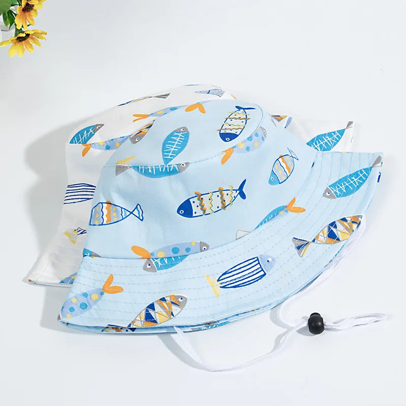 1-3Year Cartoon Print Kids Fisherman Cap Cute Boy Girl Sun Protection Bucket Hat Cotton Breathable Kids Outdoor Sunshade Visors