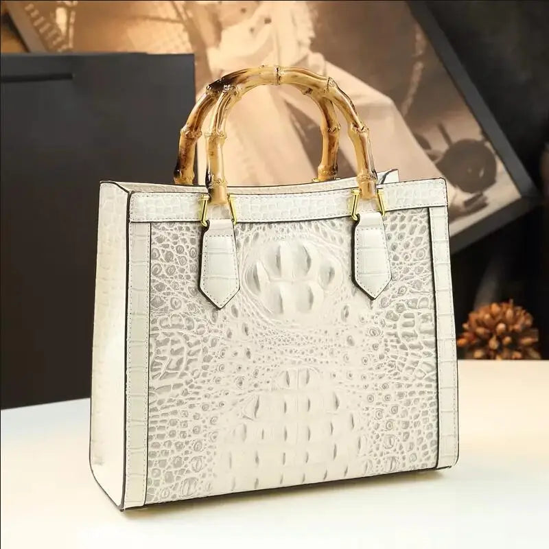 Crocodile Pattern Leather Women's Handbags Real Bamboo Top Handle Portable Tote Bag Mom Tide Shoulder Messenger Bags 2026 New