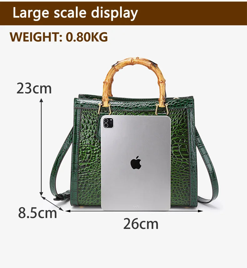 Crocodile Pattern Leather Women's Handbags Bamboo Handle  Portable Tote Bag Mom Shoulder Messenger Bags