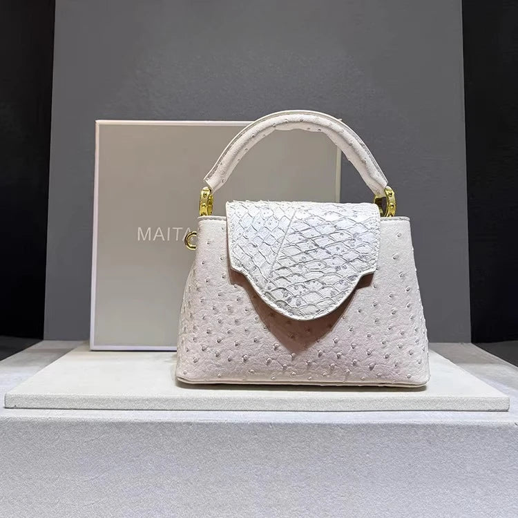 Designer Brand Fashion Leather Ostrich Print Handbag Shoulder Crossbody Bags for Women Sac À Main Femme