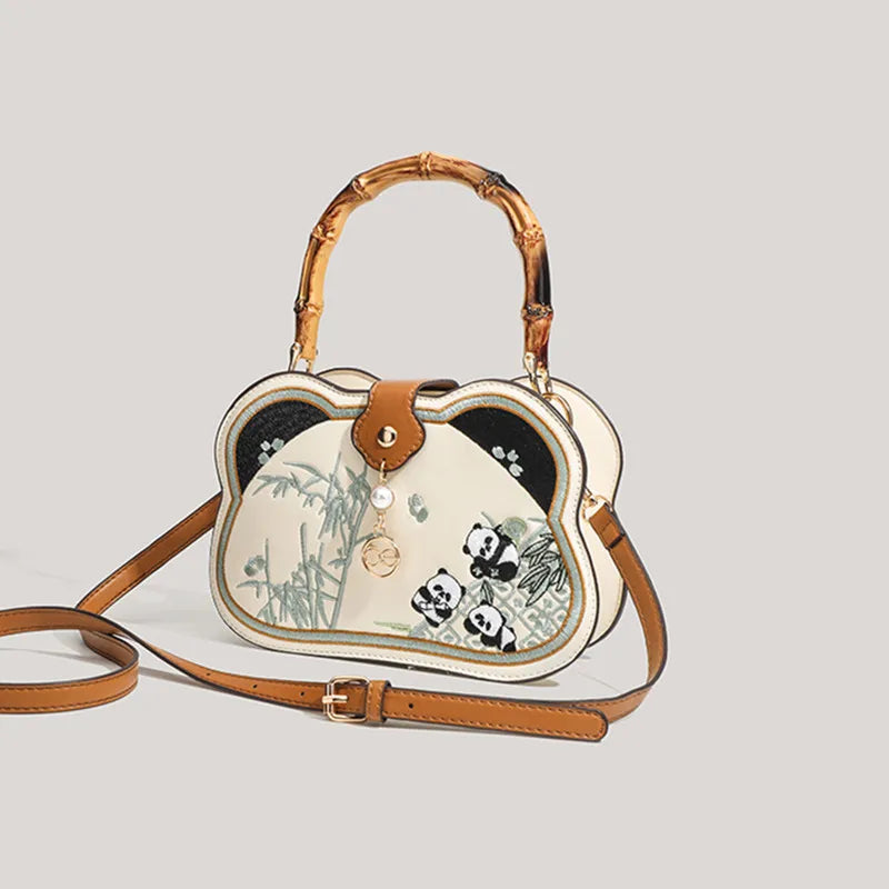 2025 Brand High End Design Chinese Style Panda Embroidery Retro Bamboo Handle Handbags Luxury Fashion Crossbody Bags Wedding Bag