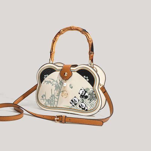 2025 Brand High End Design Chinese Style Panda Embroidery Retro Bamboo Handle Handbags Luxury Fashion Crossbody Bags Wedding Bag