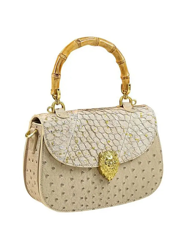 Women's 2026 Spring New Bamboo Handle Bag, New Ostrich Pattern Saddle Style Fashionable High-End Light Luxury Small Square Shoul
