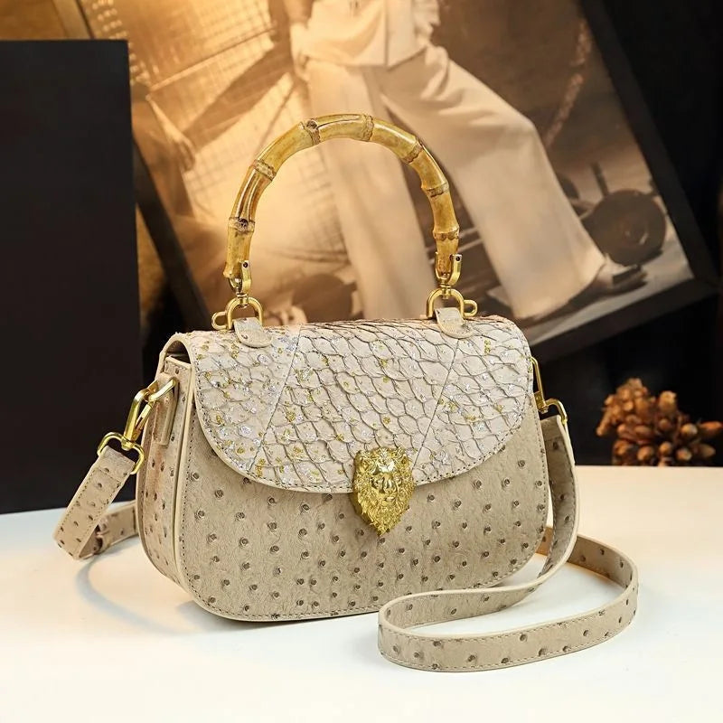 Women's 2026 Spring New Bamboo Handle Bag, New Ostrich Pattern Saddle Style Fashionable High-End Light Luxury Small Square Shoul