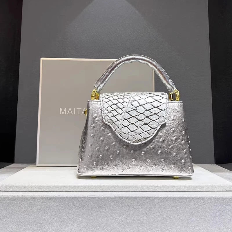Designer Brand Fashion Leather Ostrich Print Handbag Shoulder Crossbody Bags for Women Sac À Main Femme