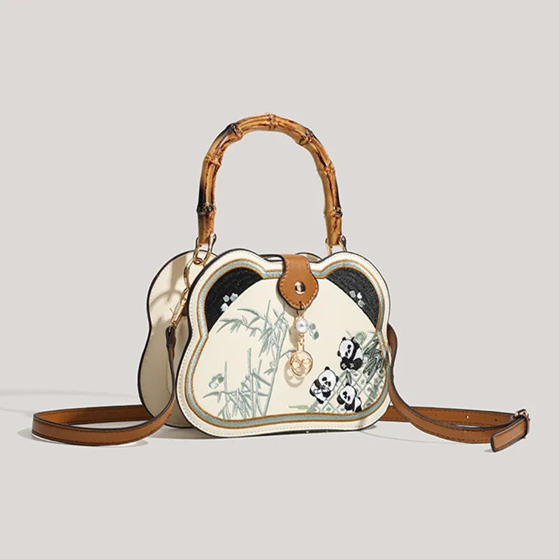 2025 Brand High End Design Chinese Style Panda Embroidery Retro Bamboo Handle Handbags Luxury Fashion Crossbody Bags Wedding Bag
