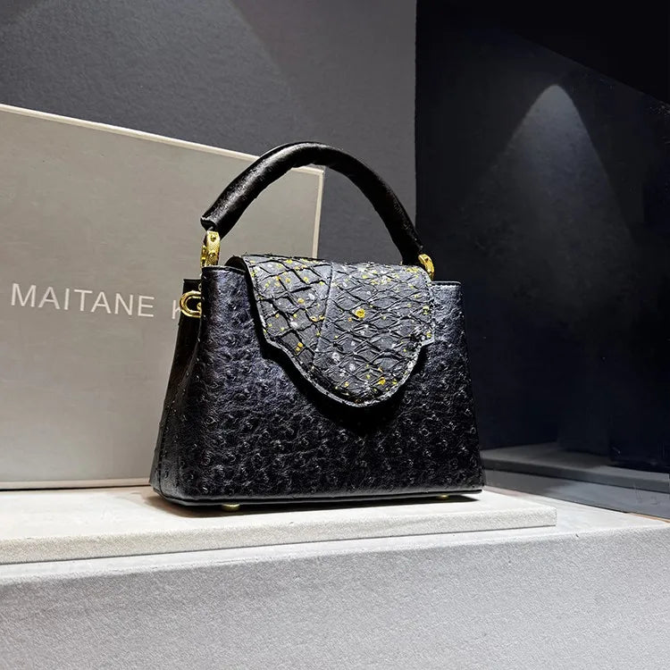 Designer Brand Fashion Leather Ostrich Print Handbag Shoulder Crossbody Bags for Women Sac À Main Femme