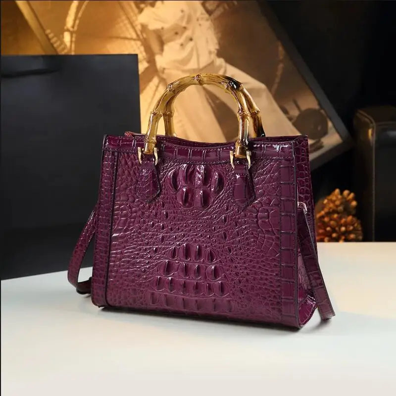 Crocodile Pattern Leather Women's Handbags Real Bamboo Top Handle Portable Tote Bag Mom Tide Shoulder Messenger Bags 2026 New