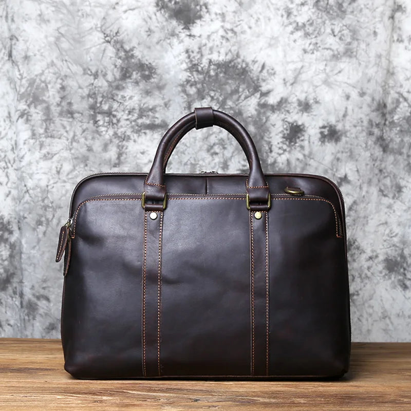 NZPJ Vintage Handmade Leather Men's Handbag Top Layer Cowhide Large-capacity Business Computer Bag Men's Shoulder Diagonal Bag