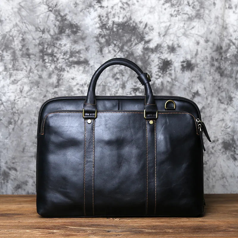 NZPJ Vintage Handmade Leather Men's Handbag Top Layer Cowhide Large-capacity Business Computer Bag Men's Shoulder Diagonal Bag