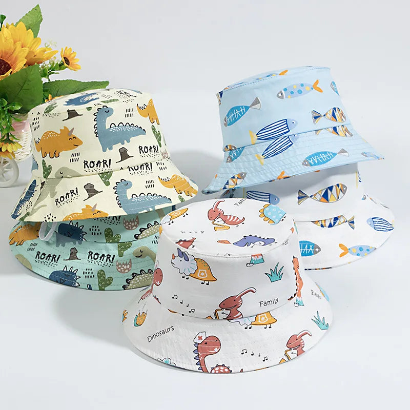 1-3Year Cartoon Print Kids Fisherman Cap Cute Boy Girl Sun Protection Bucket Hat Cotton Breathable Kids Outdoor Sunshade Visors