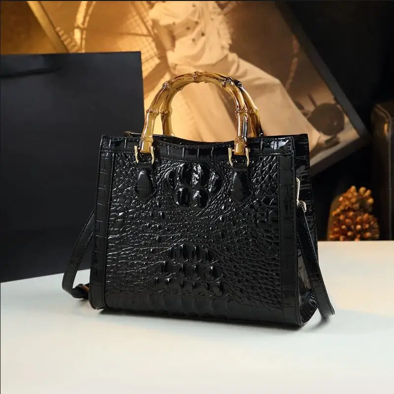 Crocodile Pattern Leather Women's Handbags Real Bamboo Top Handle Portable Tote Bag Mom Tide Shoulder Messenger Bags 2026 New