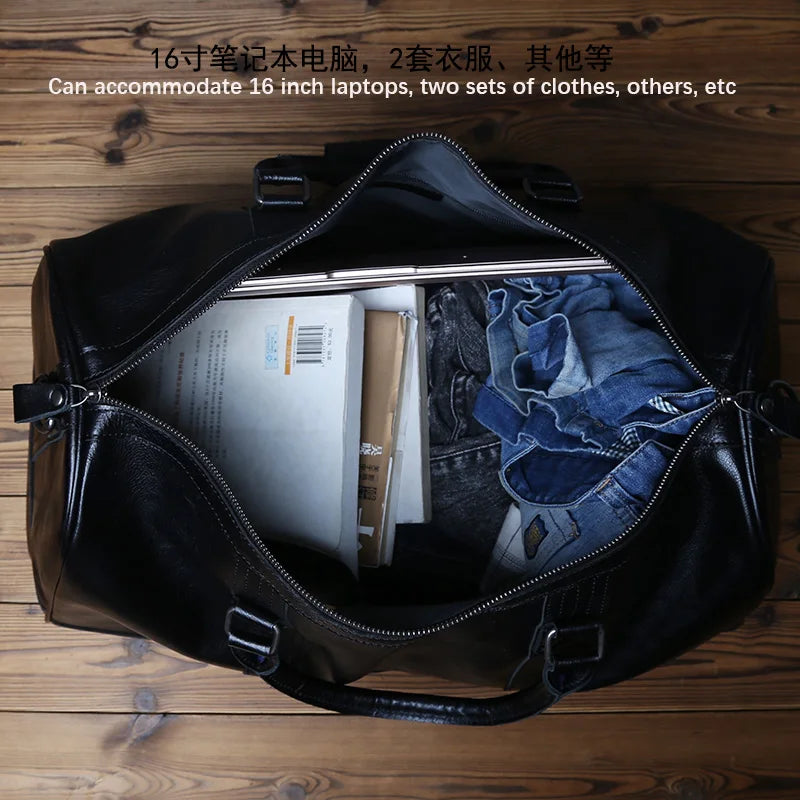 NZPJ Genuine Leather Men Travel Bag Natural Cowhide Handbag Casual Crossbody Bag Large Capacity Luggage Bag  For 16 inch laptop