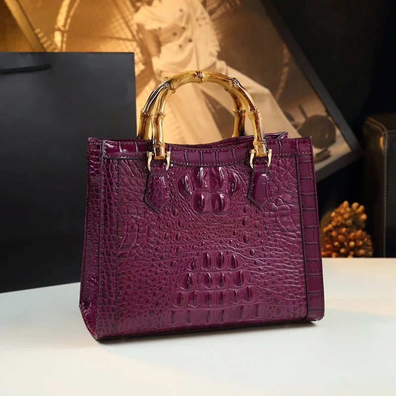 Crocodile Pattern Leather Women's Handbags Bamboo Handle  Portable Tote Bag Mom Shoulder Messenger Bags