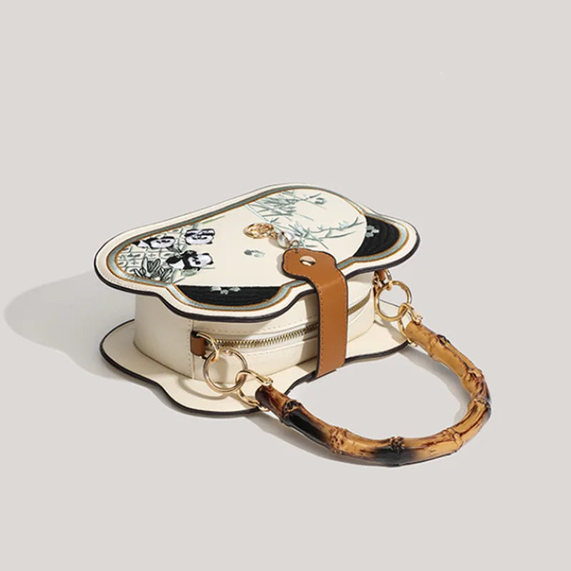 2025 Brand High End Design Chinese Style Panda Embroidery Retro Bamboo Handle Handbags Luxury Fashion Crossbody Bags Wedding Bag