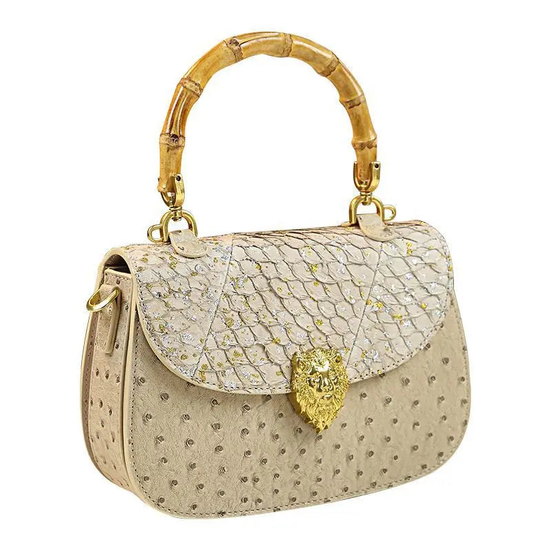 Women's 2026 Spring New Bamboo Handle Bag, New Ostrich Pattern Saddle Style Fashionable High-End Light Luxury Small Square Shoul