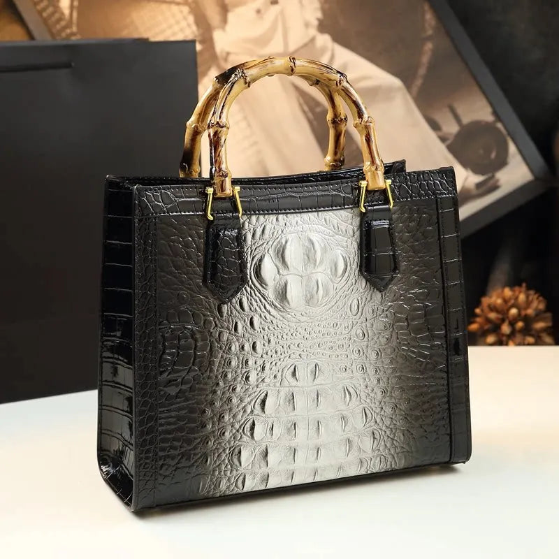 Crocodile Pattern Leather Women's Handbags Real Bamboo Top Handle Portable Tote Bag Mom Tide Shoulder Messenger Bags 2026 New