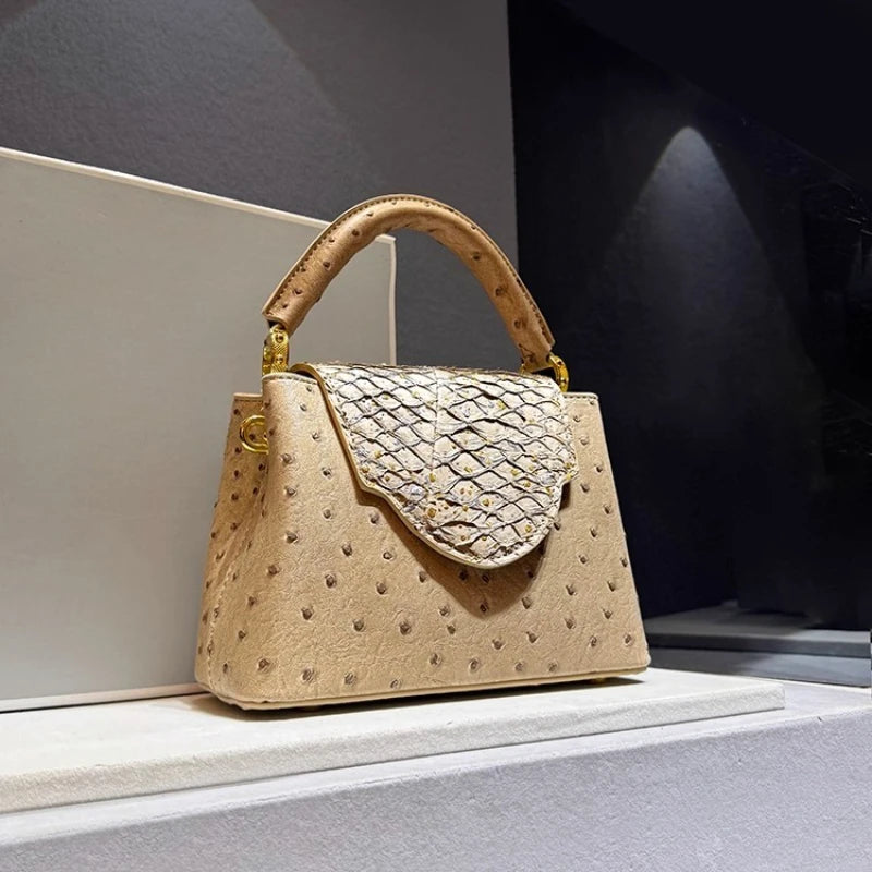 Designer Brand Fashion Leather Ostrich Print Handbag Shoulder Crossbody Bags for Women Sac À Main Femme
