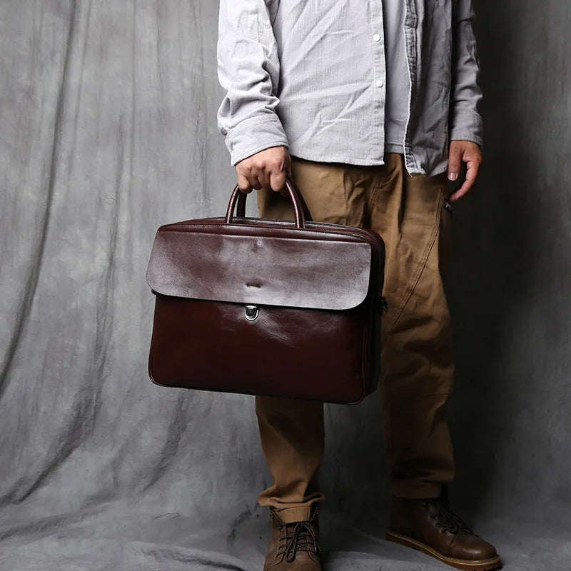 NZPJ Genuine Leather Men's Briefcase Vintage Natural Cowhide Handbag Large Capacity Crossbody Bag Casual Fashion Computer Bag