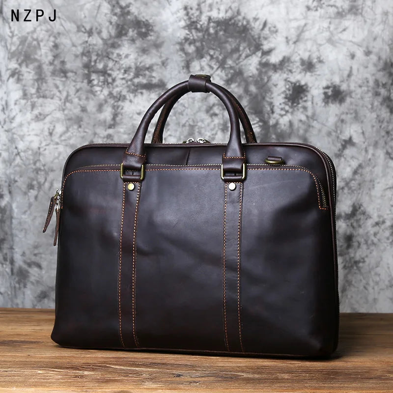 NZPJ Vintage Handmade Leather Men's Handbag Top Layer Cowhide Large-capacity Business Computer Bag Men's Shoulder Diagonal Bag