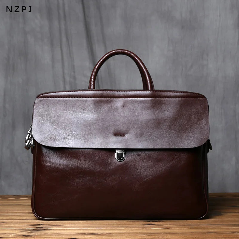 NZPJ Genuine Leather Men's Briefcase Vintage Natural Cowhide Handbag Large Capacity Crossbody Bag Casual Fashion Computer Bag