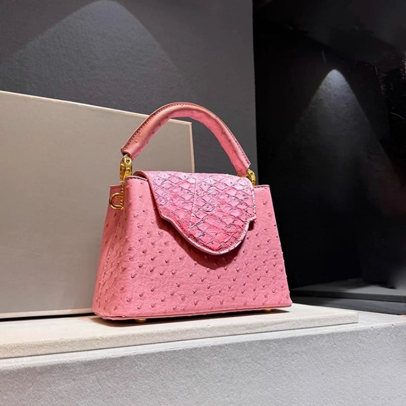 Designer Brand Fashion Leather Ostrich Print Handbag Shoulder Crossbody Bags for Women Sac À Main Femme