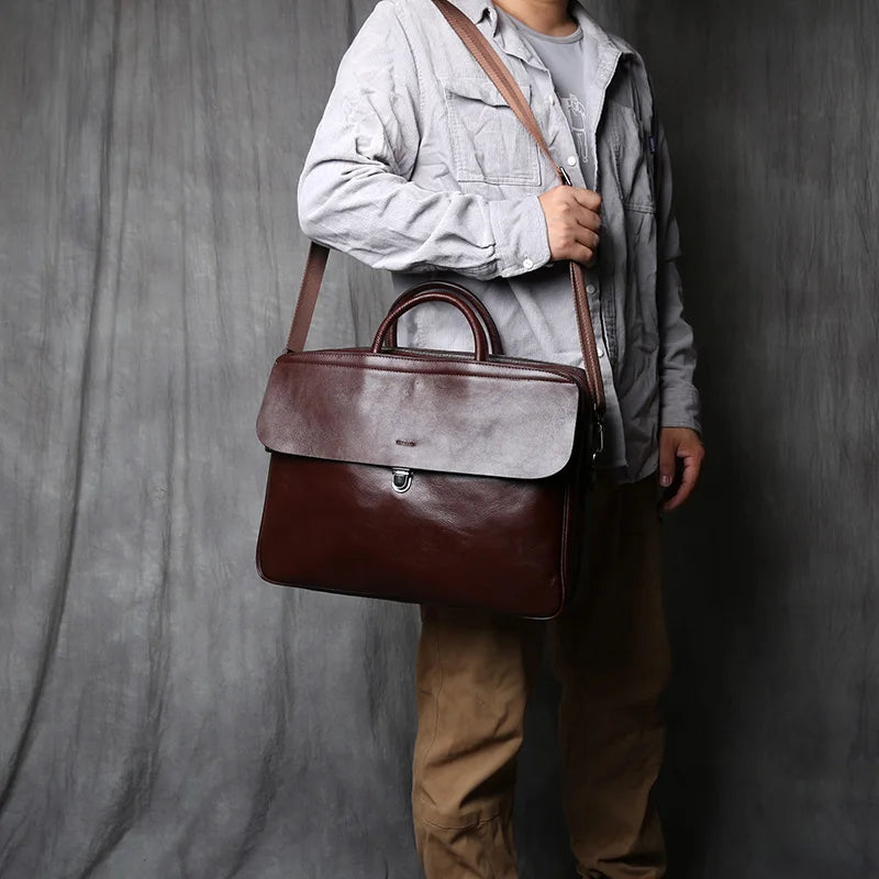 NZPJ Genuine Leather Men's Briefcase Vintage Natural Cowhide Handbag Large Capacity Crossbody Bag Casual Fashion Computer Bag