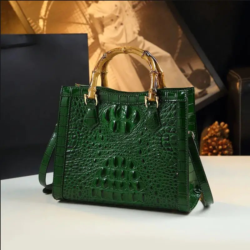 Crocodile Pattern Leather Women's Handbags Real Bamboo Top Handle Portable Tote Bag Mom Tide Shoulder Messenger Bags 2026 New