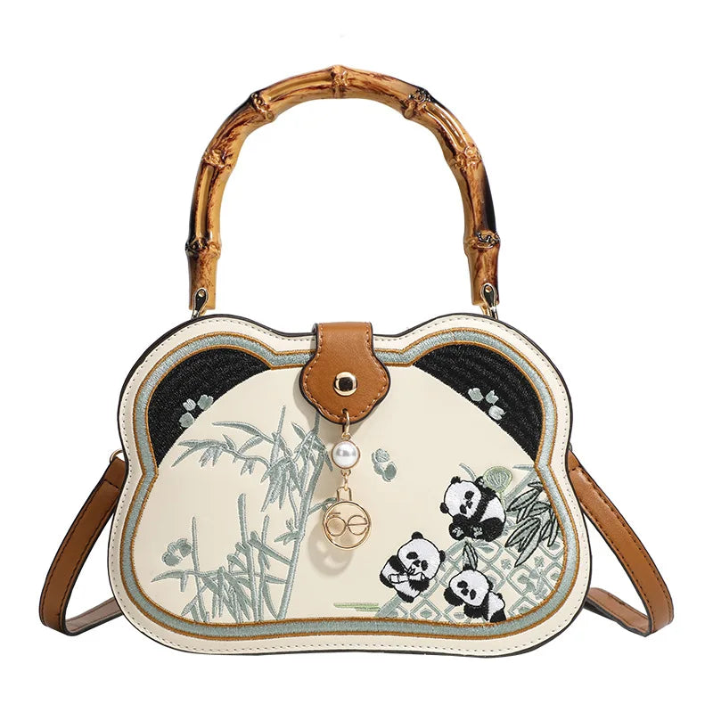 2025 Brand High End Design Chinese Style Panda Embroidery Retro Bamboo Handle Handbags Luxury Fashion Crossbody Bags Wedding Bag