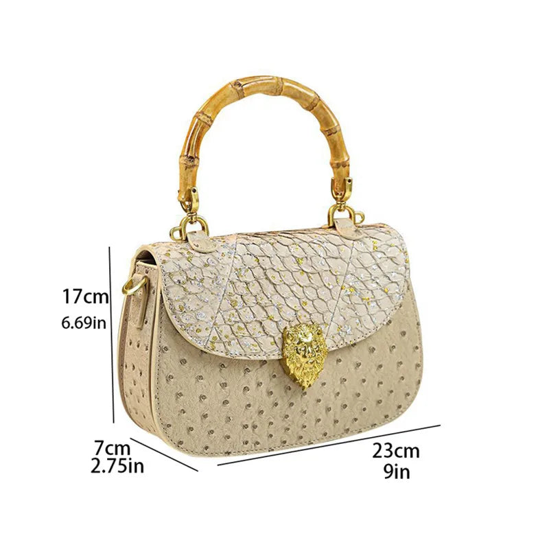 Women's 2026 Spring New Bamboo Handle Bag, New Ostrich Pattern Saddle Style Fashionable High-End Light Luxury Small Square Shoul