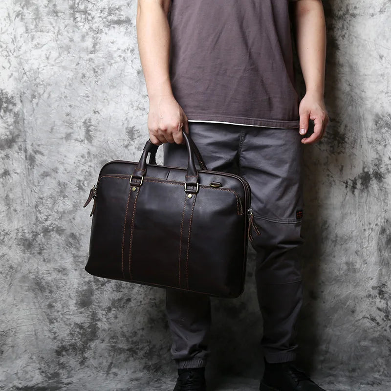 NZPJ Vintage Handmade Leather Men's Handbag Top Layer Cowhide Large-capacity Business Computer Bag Men's Shoulder Diagonal Bag