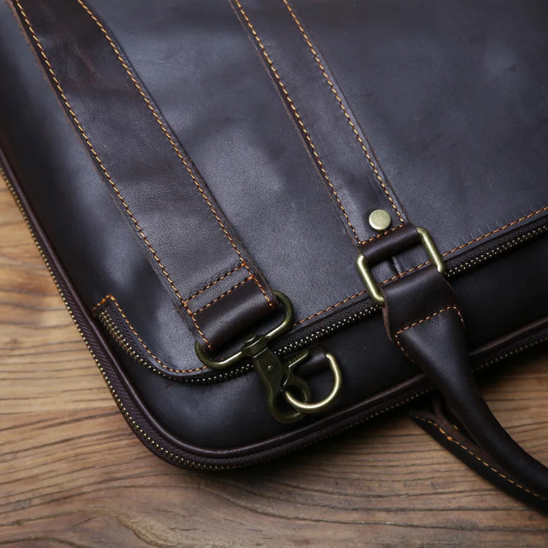NZPJ Vintage Handmade Leather Men's Handbag Top Layer Cowhide Large-capacity Business Computer Bag Men's Shoulder Diagonal Bag