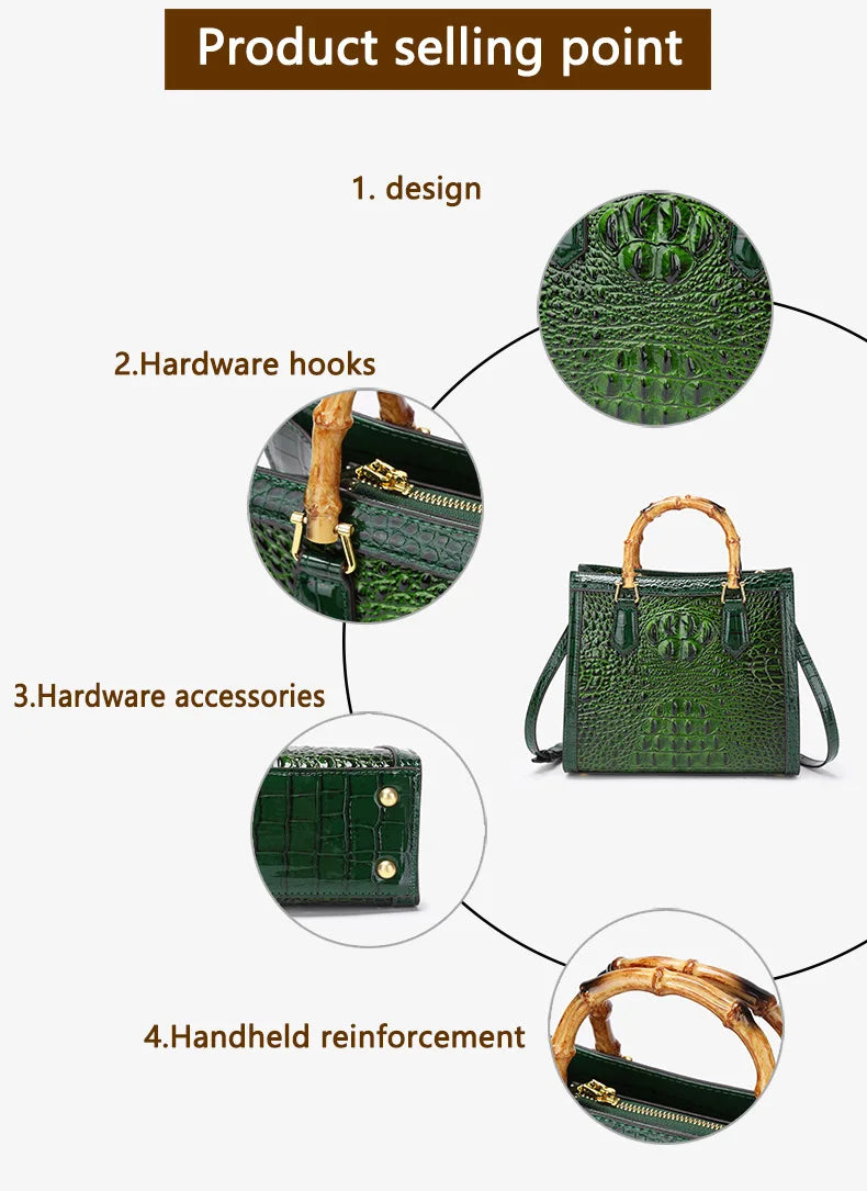 Crocodile Pattern Leather Women's Handbags Bamboo Handle  Portable Tote Bag Mom Shoulder Messenger Bags