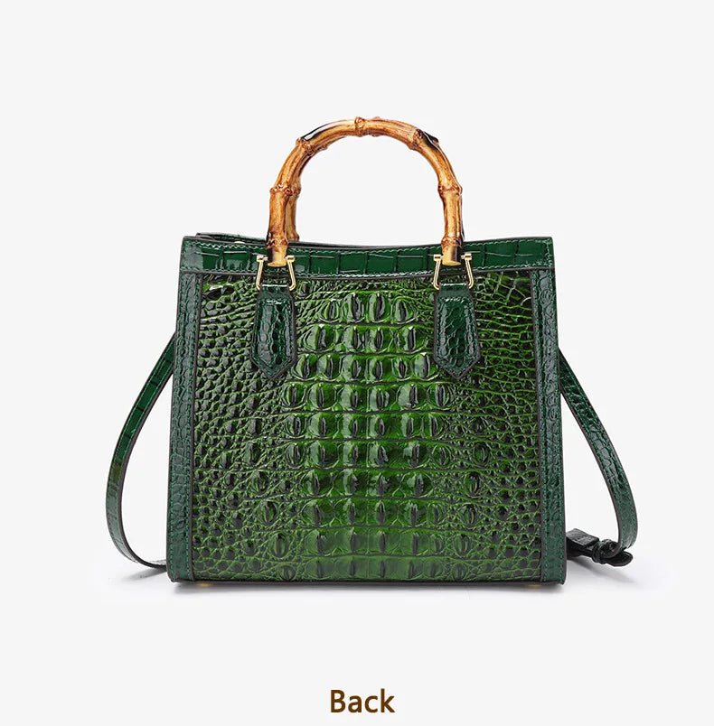 Crocodile Pattern Leather Women's Handbags Bamboo Handle  Portable Tote Bag Mom Shoulder Messenger Bags